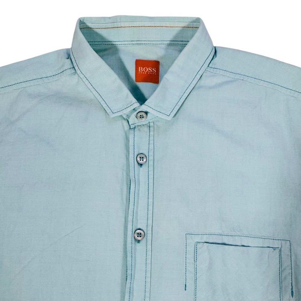 Hugo Boss Orange Men's Short Sleeve Button Down Shirt Light Blue Aqua Large Slim